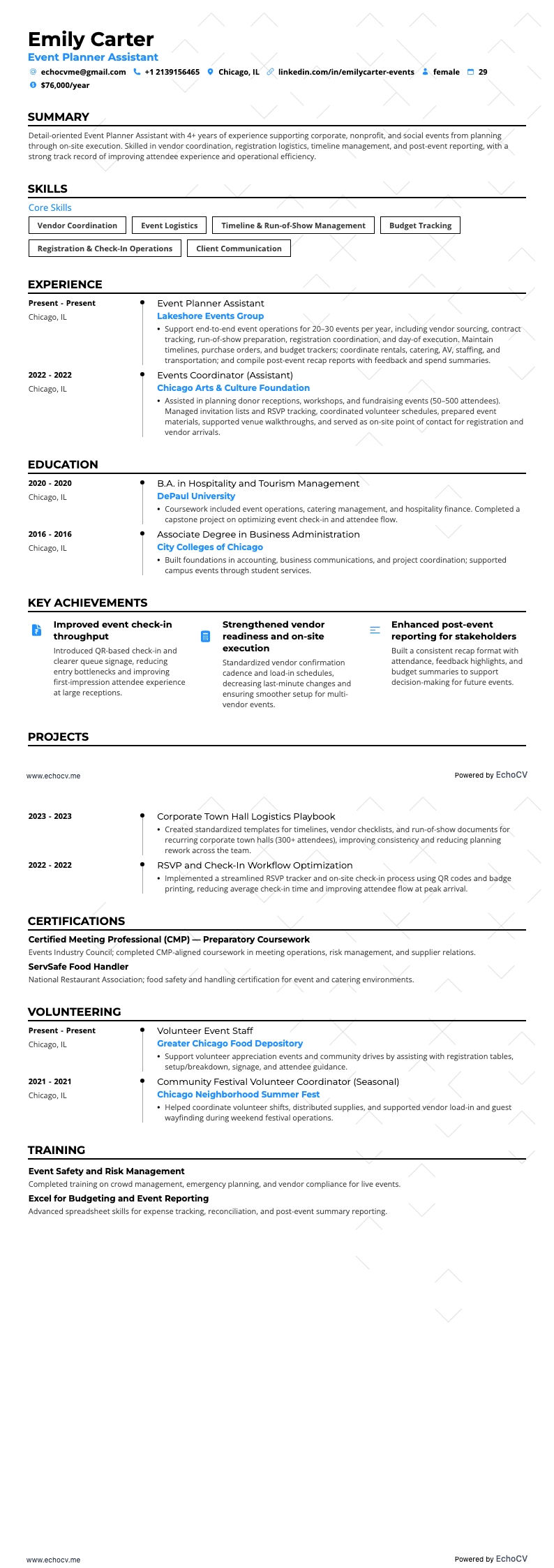 Event Planner Assistant example resume