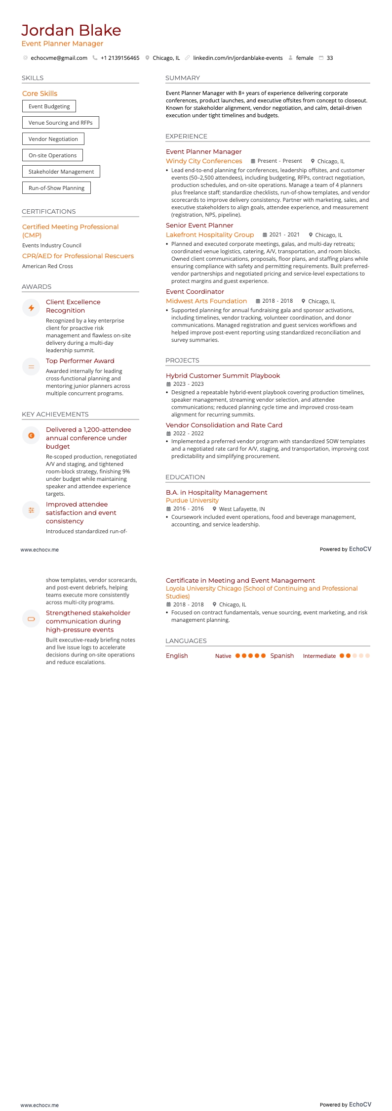 Event Planner Manager example resume