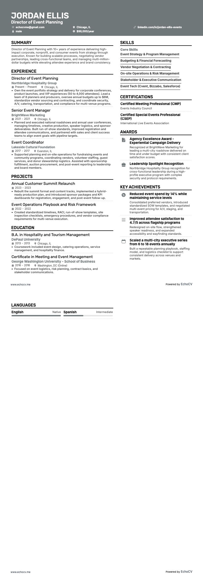 Director of Event Planning example resume