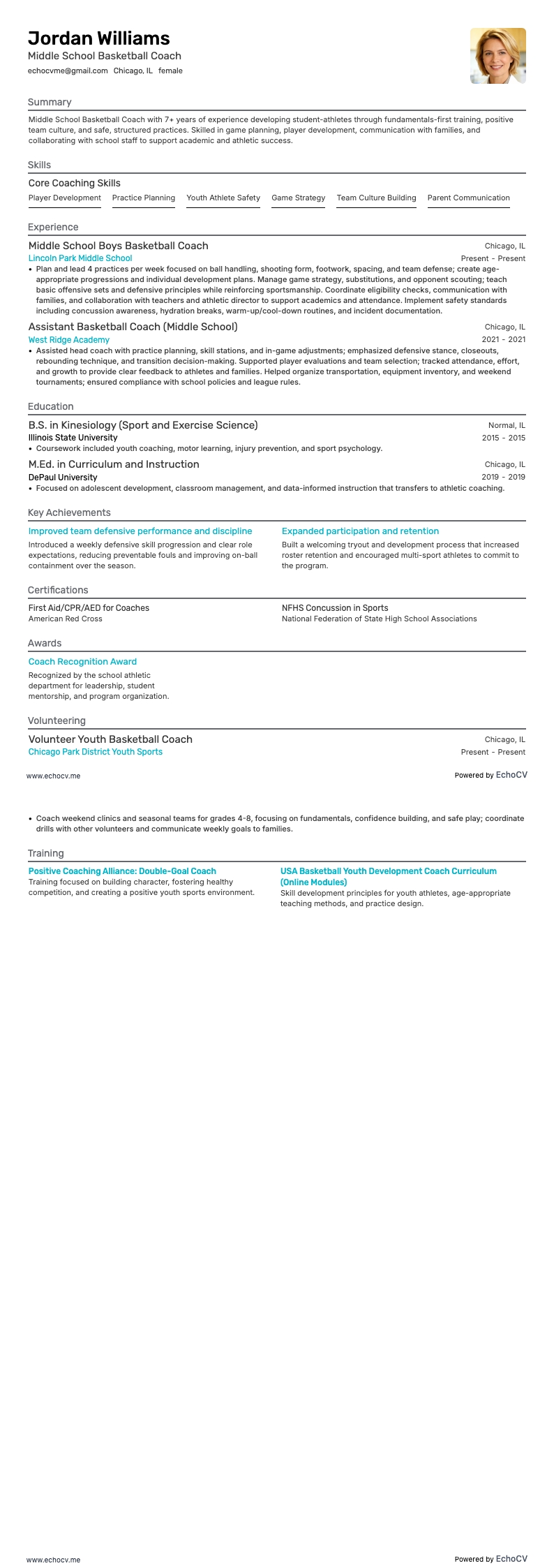 Middle School Basketball Coach example resume