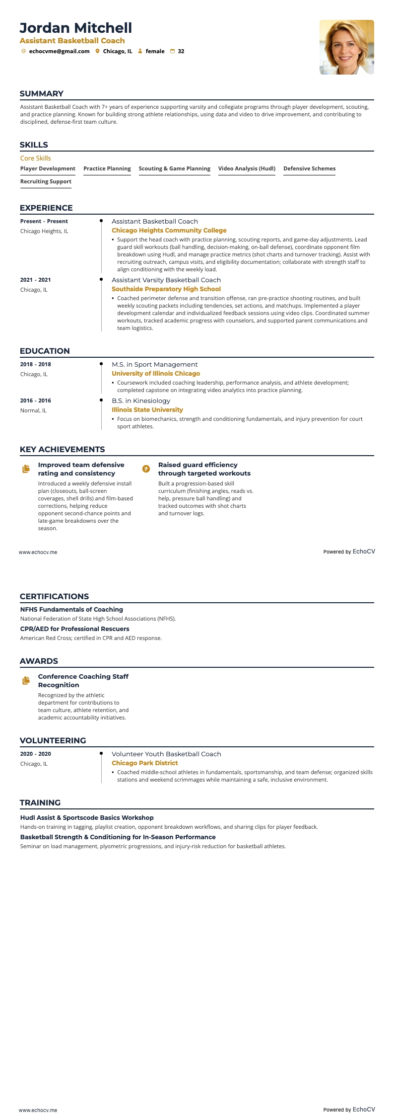 Assistant Basketball Coach example resume