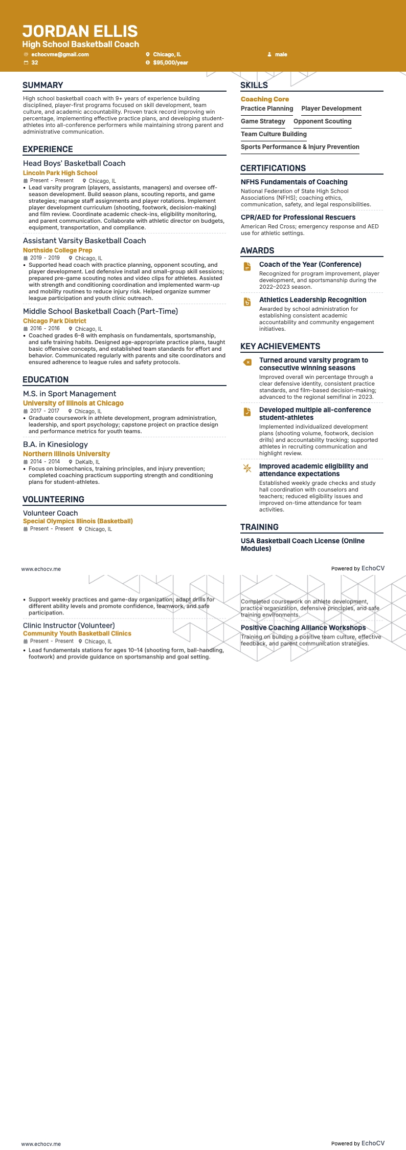 High School Basketball Coach example resume