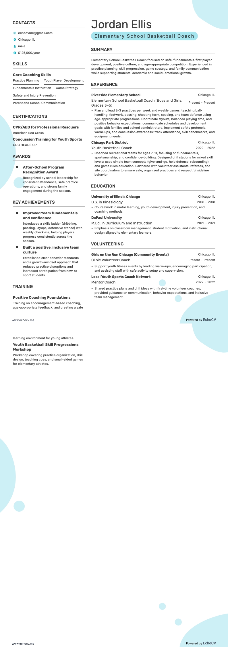 Elementary School Basketball Coach example resume