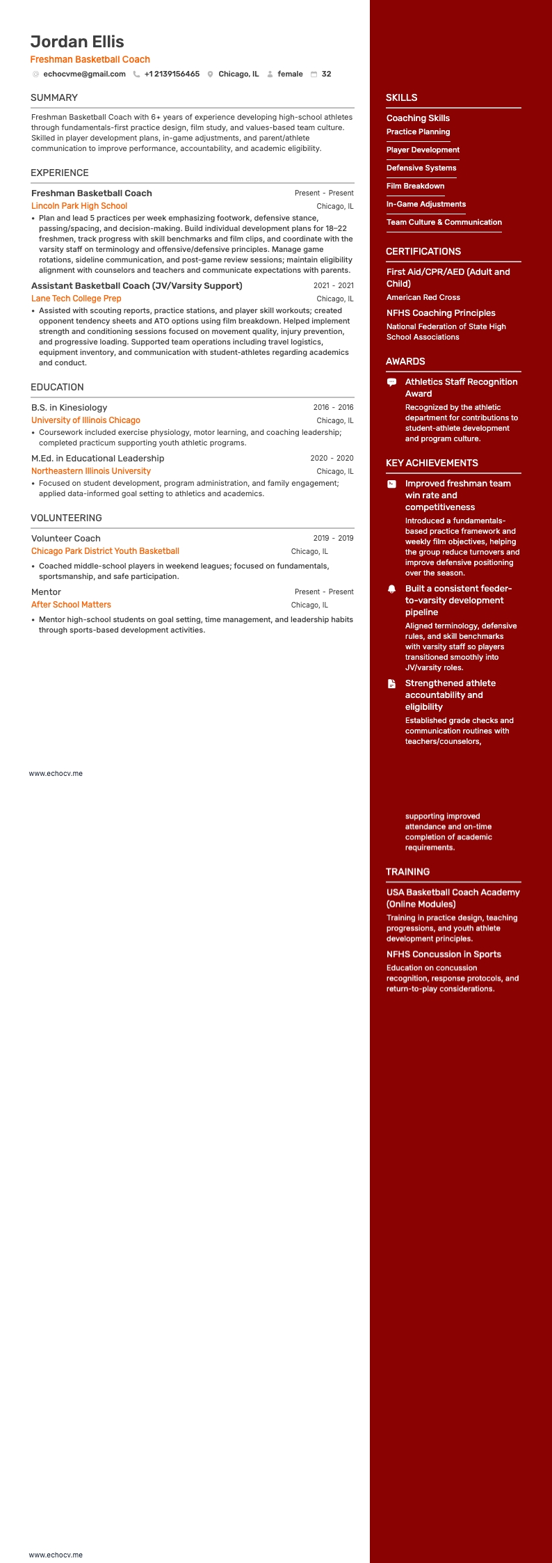 Freshman Basketball Coach example resume