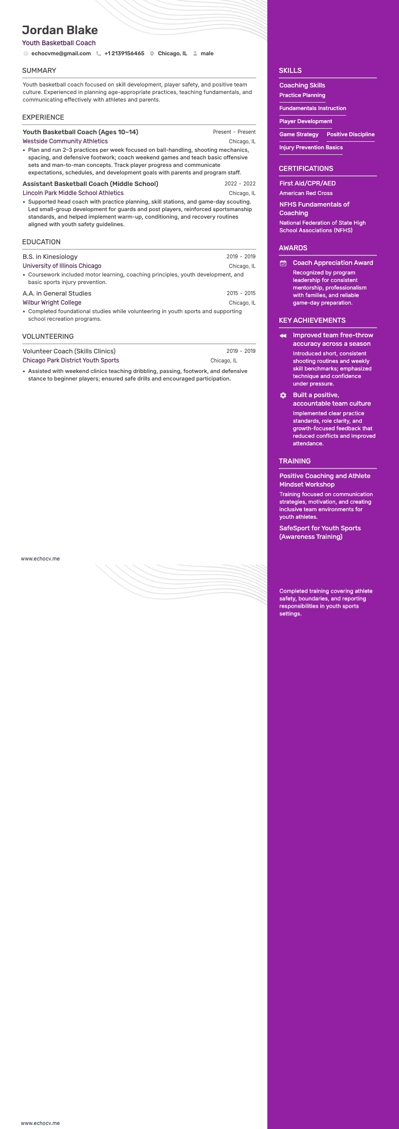 Youth Basketball Coach example resume