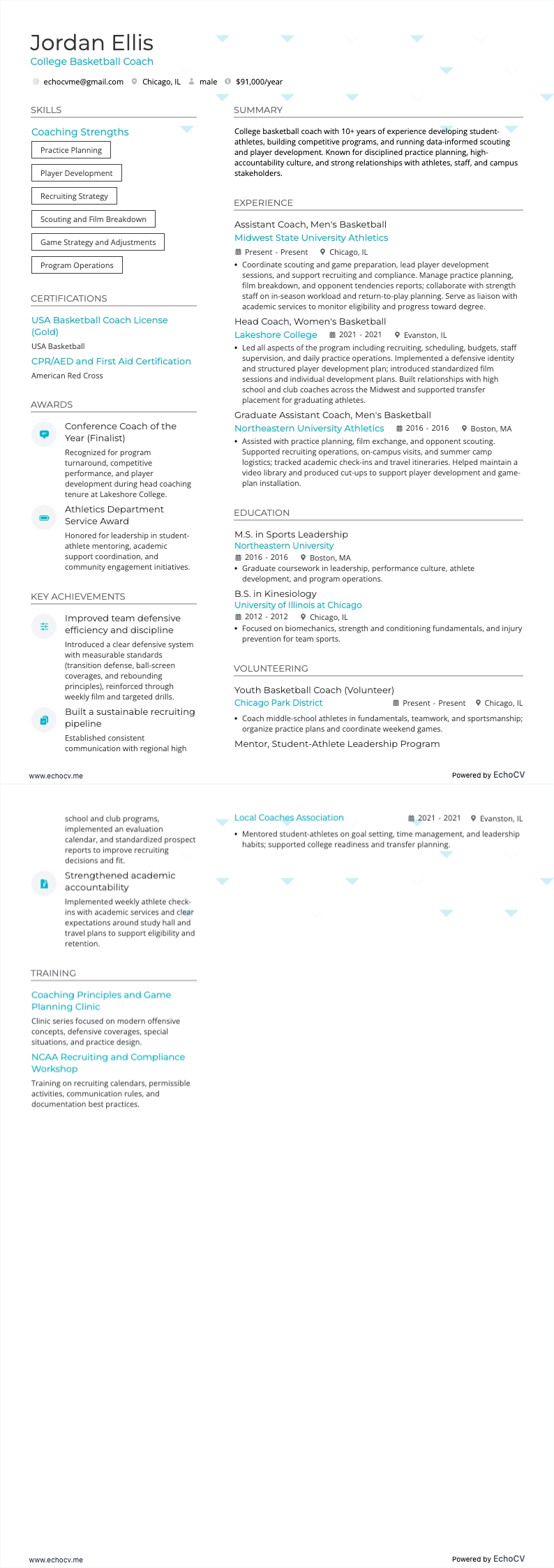 College Basketball Coach example resume