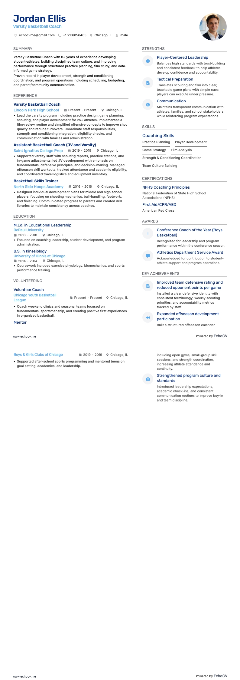 Varsity Basketball Coach example resume