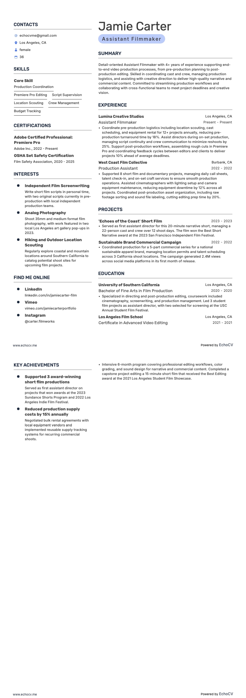 Assistant Filmmaker example resume