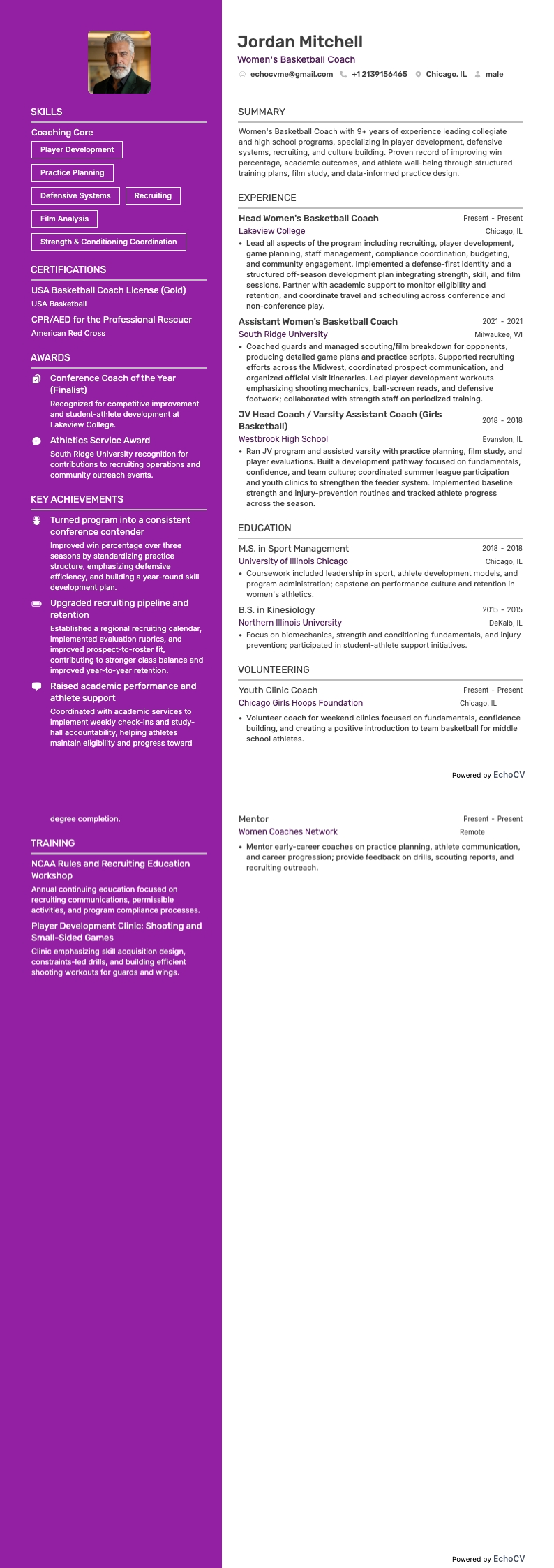 Women's Basketball Coach example resume