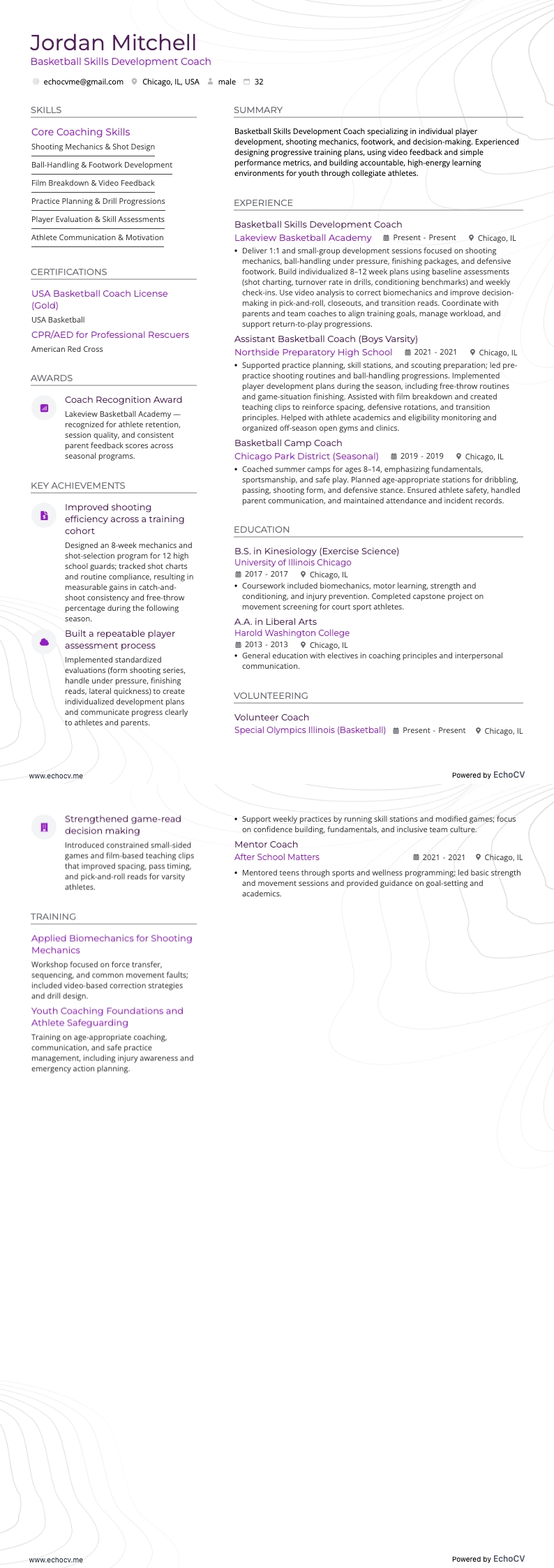 Basketball Skills Development Coach example resume