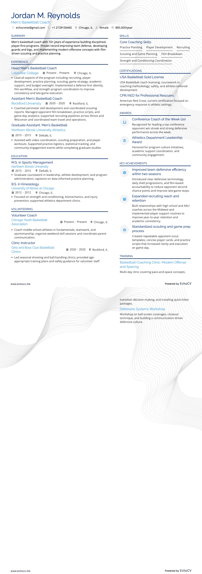 Men's Basketball Coach example resume