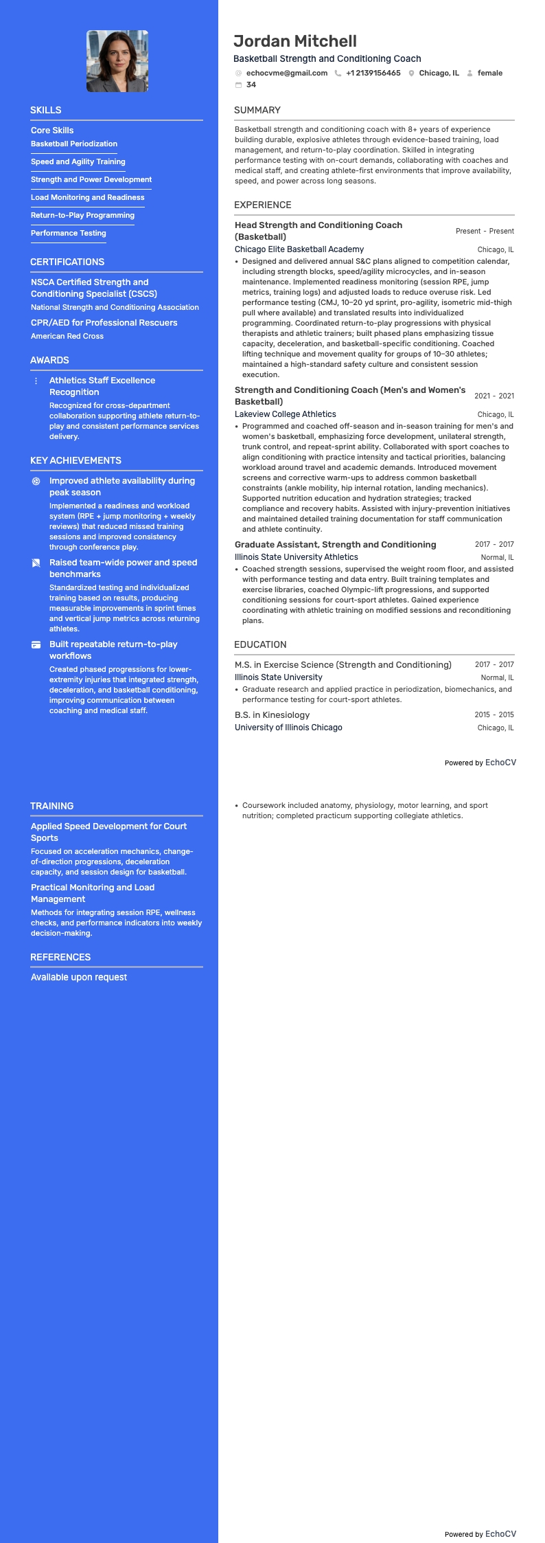 Basketball Strength and Conditioning Coach example resume