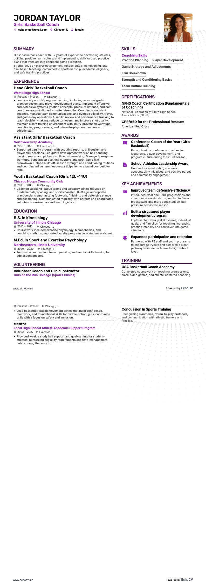 Girls' Basketball Coach example resume