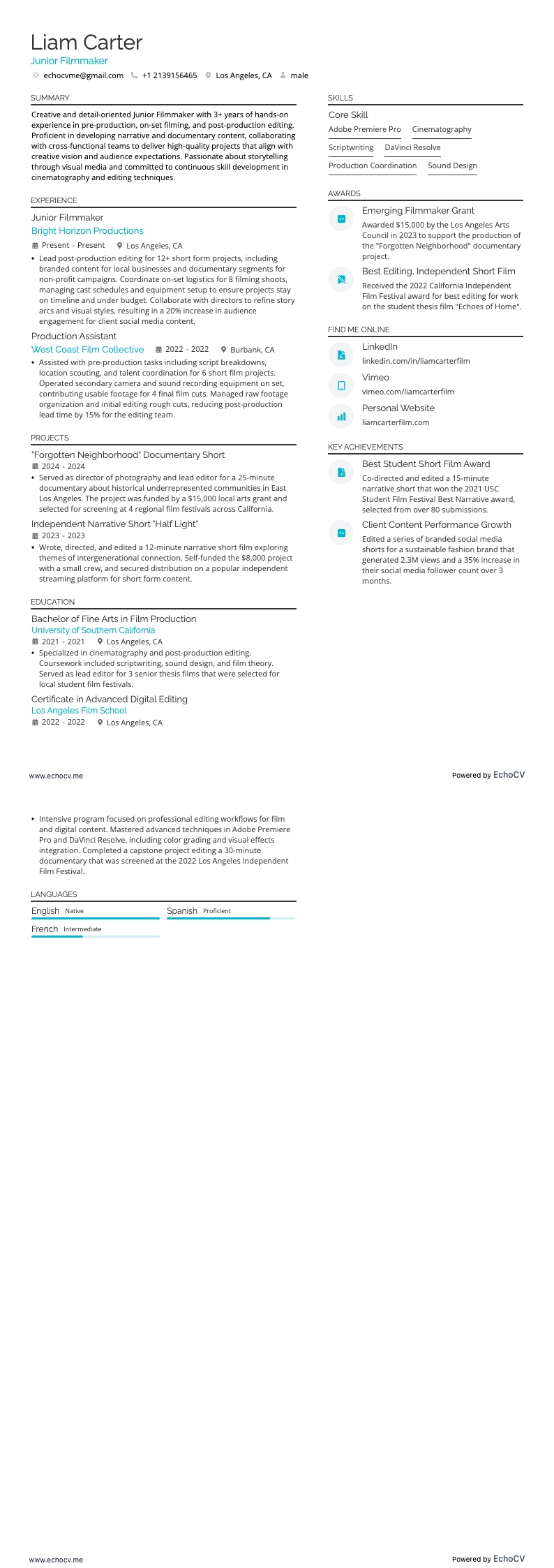 Junior Filmmaker example resume