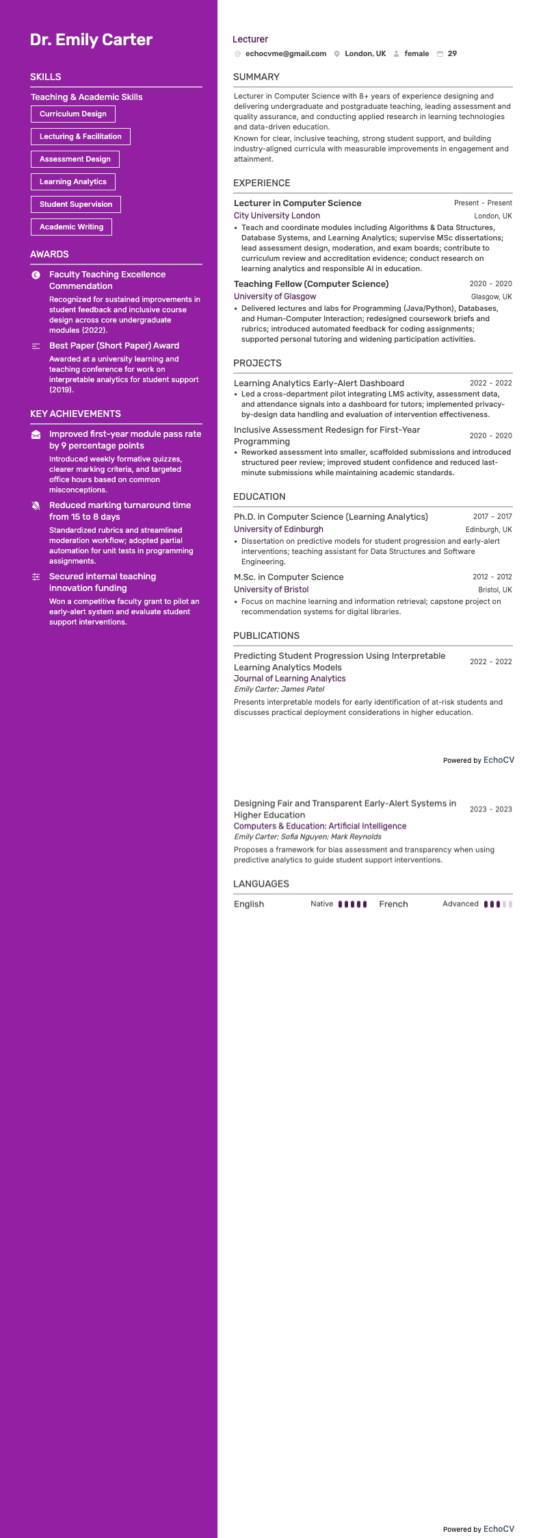 Lecturer example resume