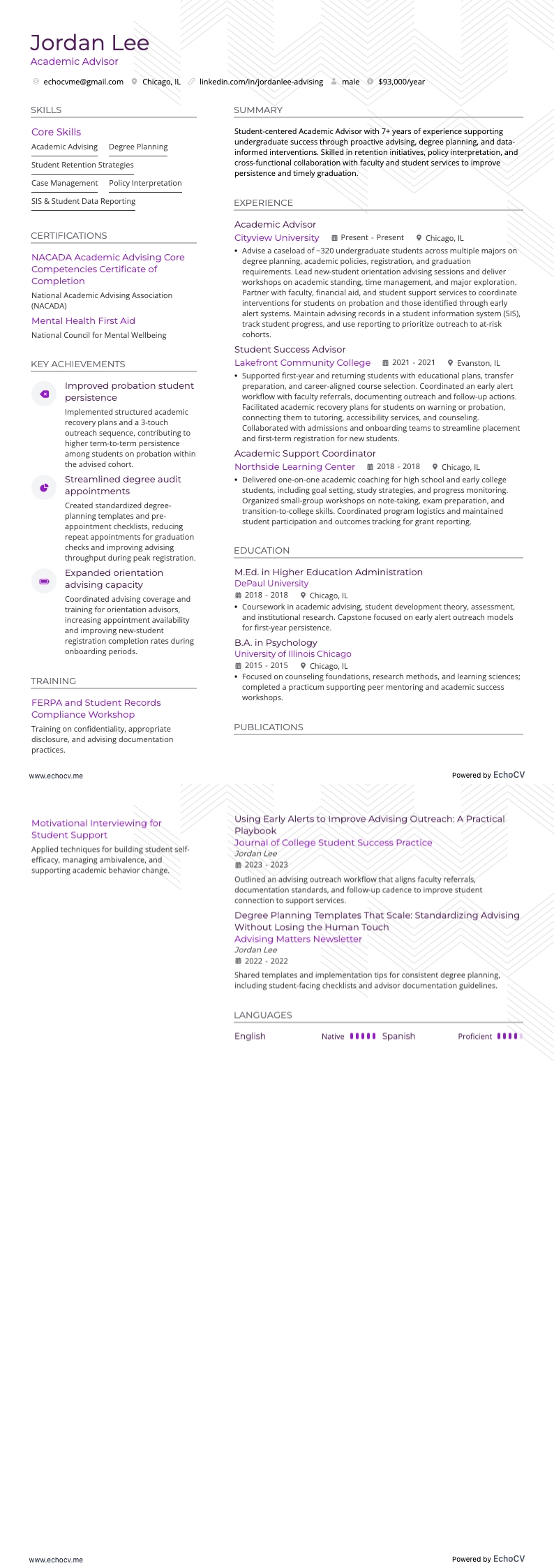 Academic Advisor example resume