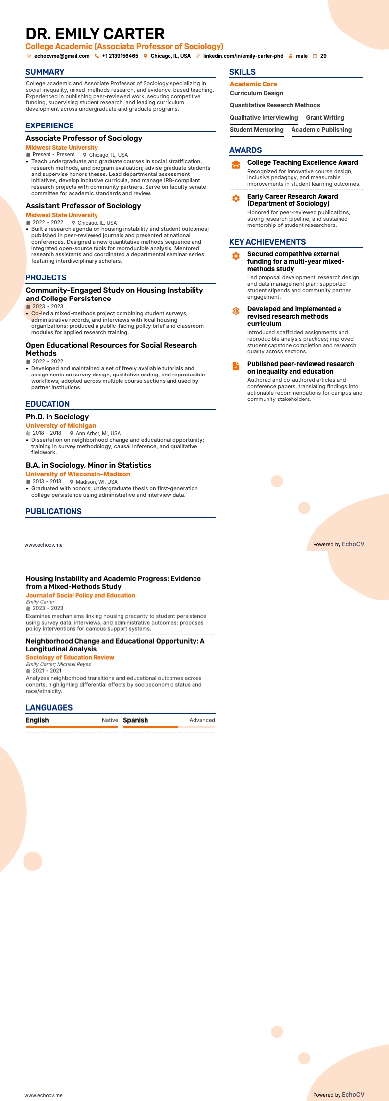 College Academic example resume