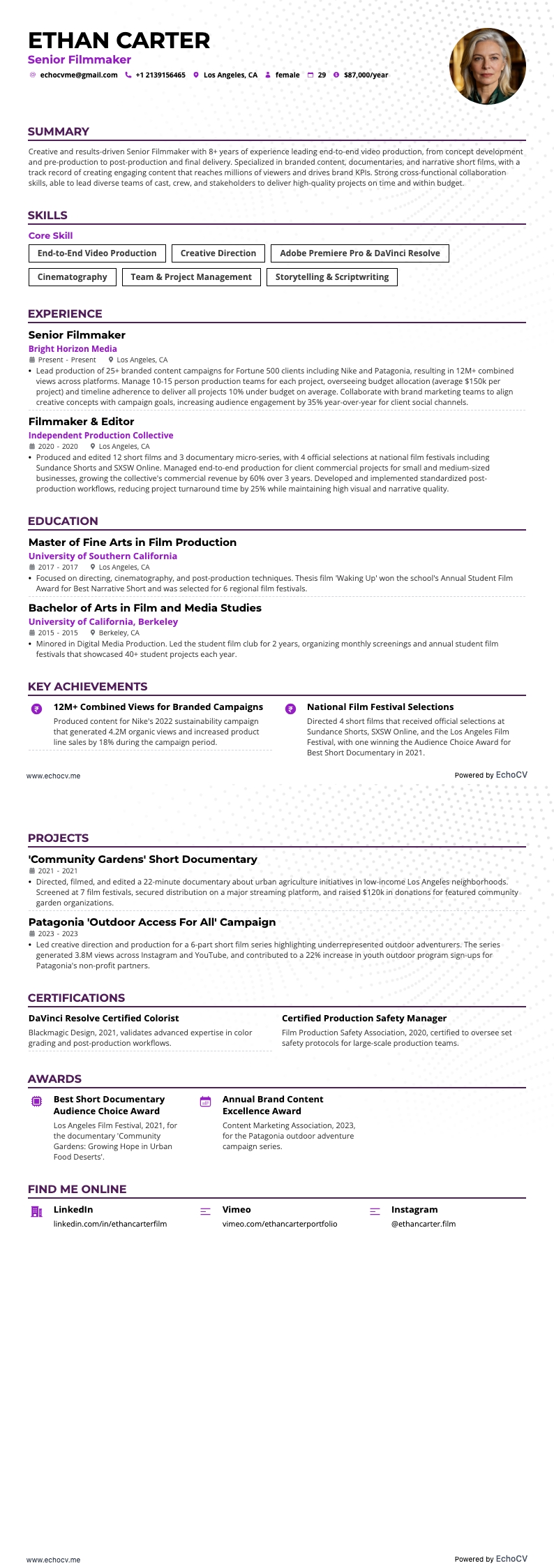 Senior Filmmaker example resume