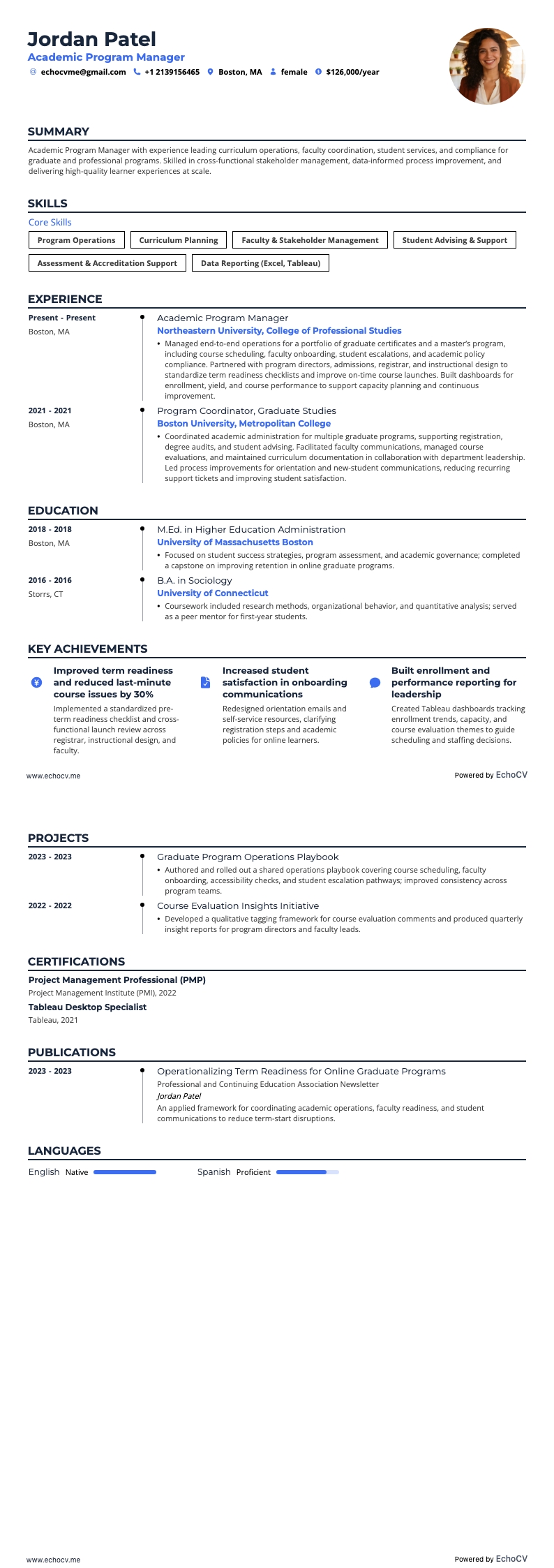 Academic Program Manager example resume