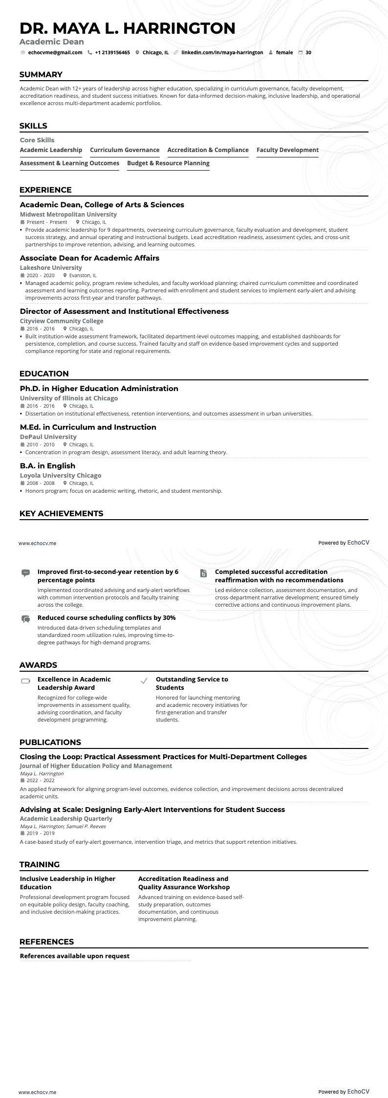 Academic Dean example resume