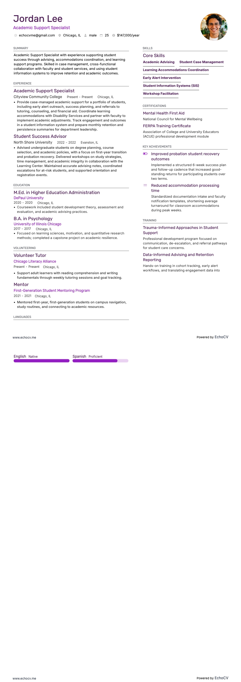 Academic Support Specialist example resume