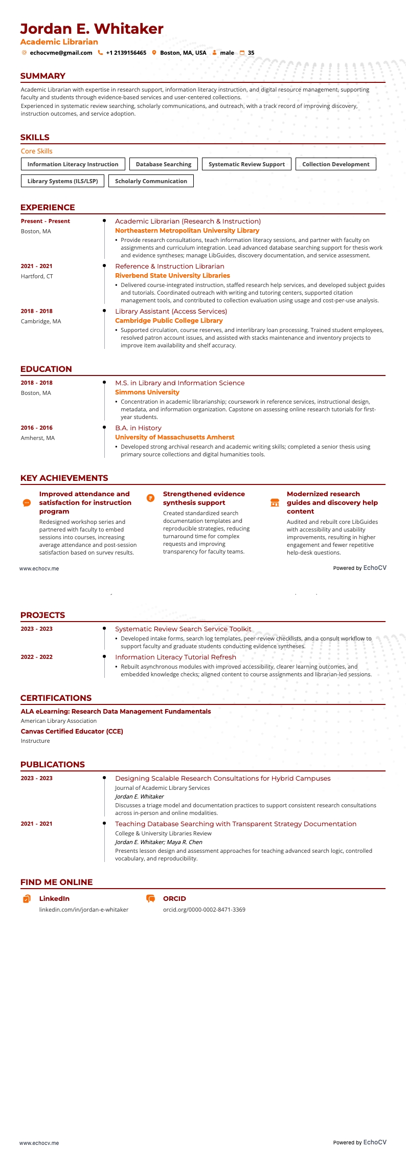 Academic Librarian example resume