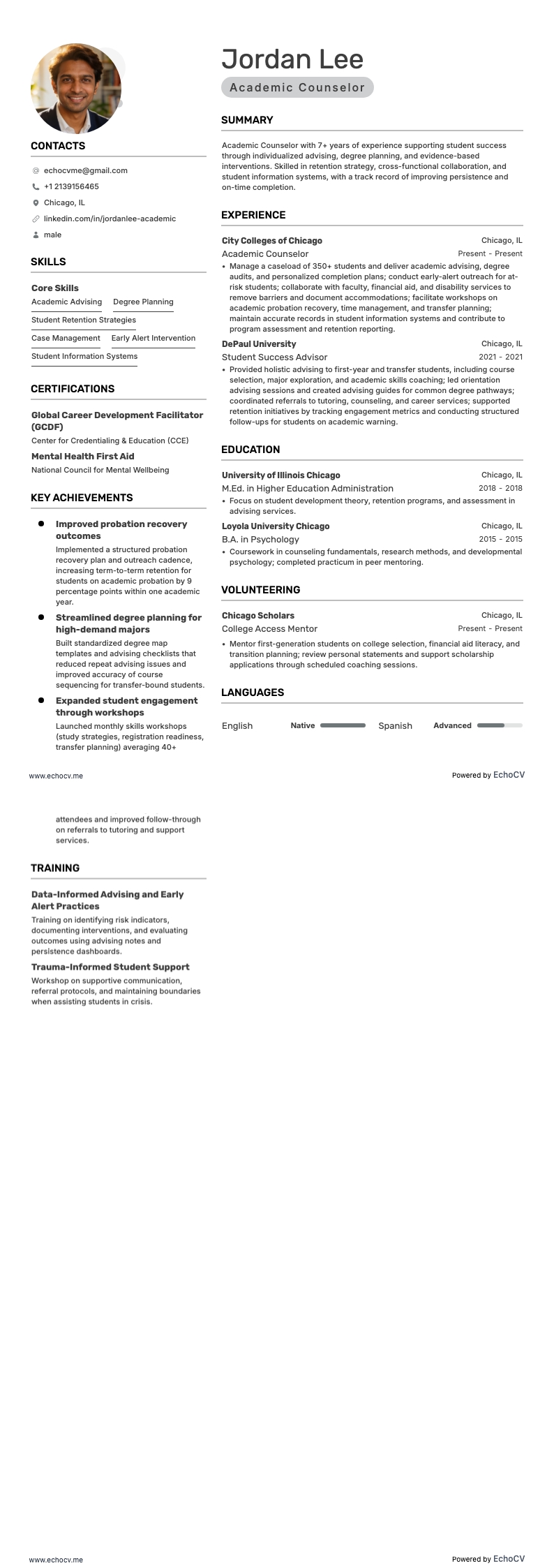 Academic Counselor example resume