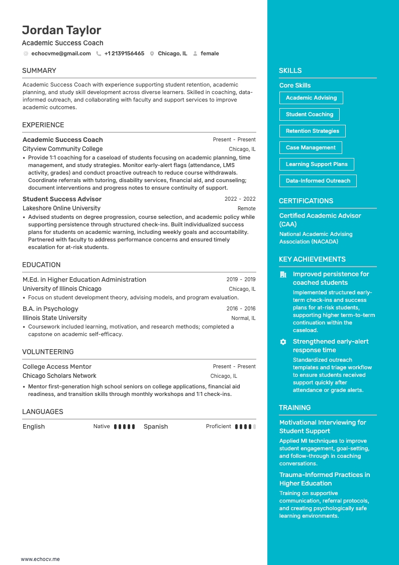 Academic Success Coach example resume