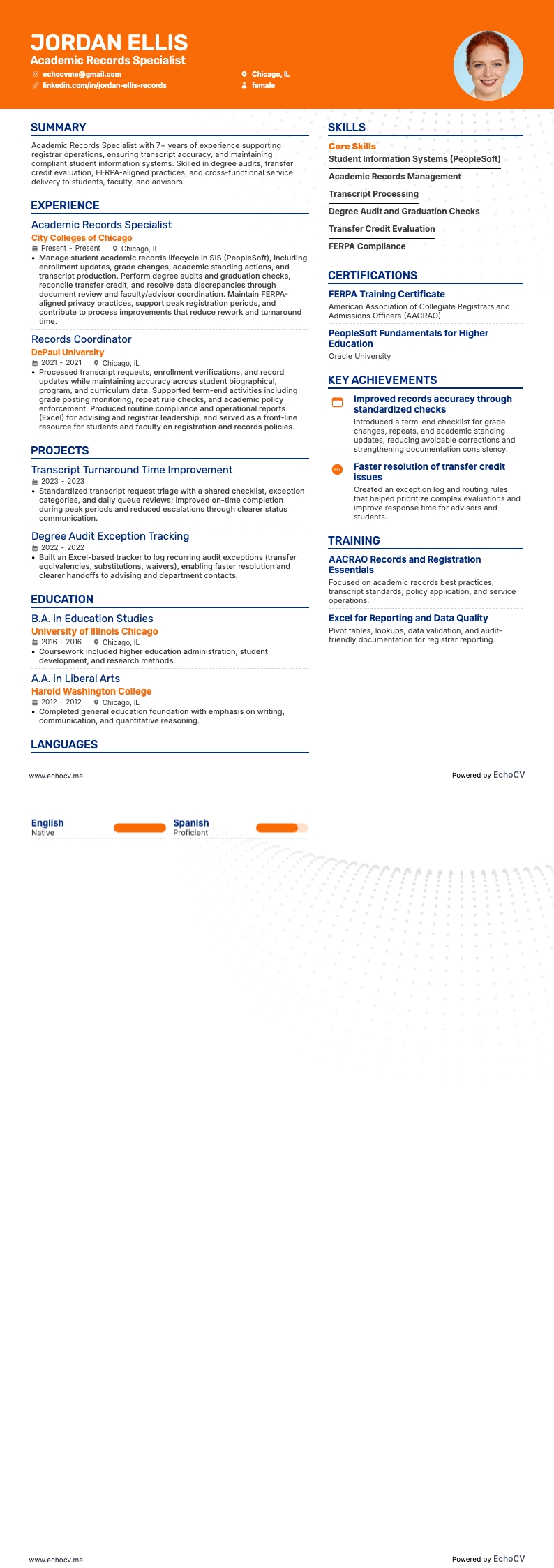 Academic Records Specialist example resume