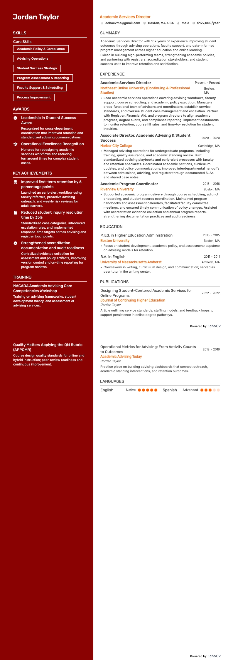 Academic Services Director example resume