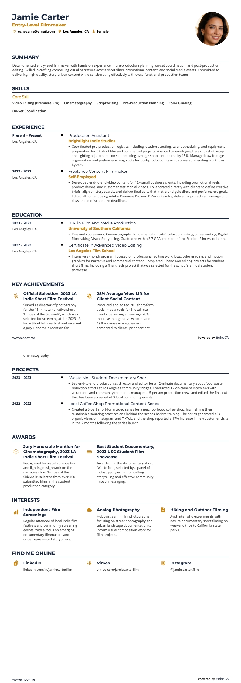 Filmmaker resume example