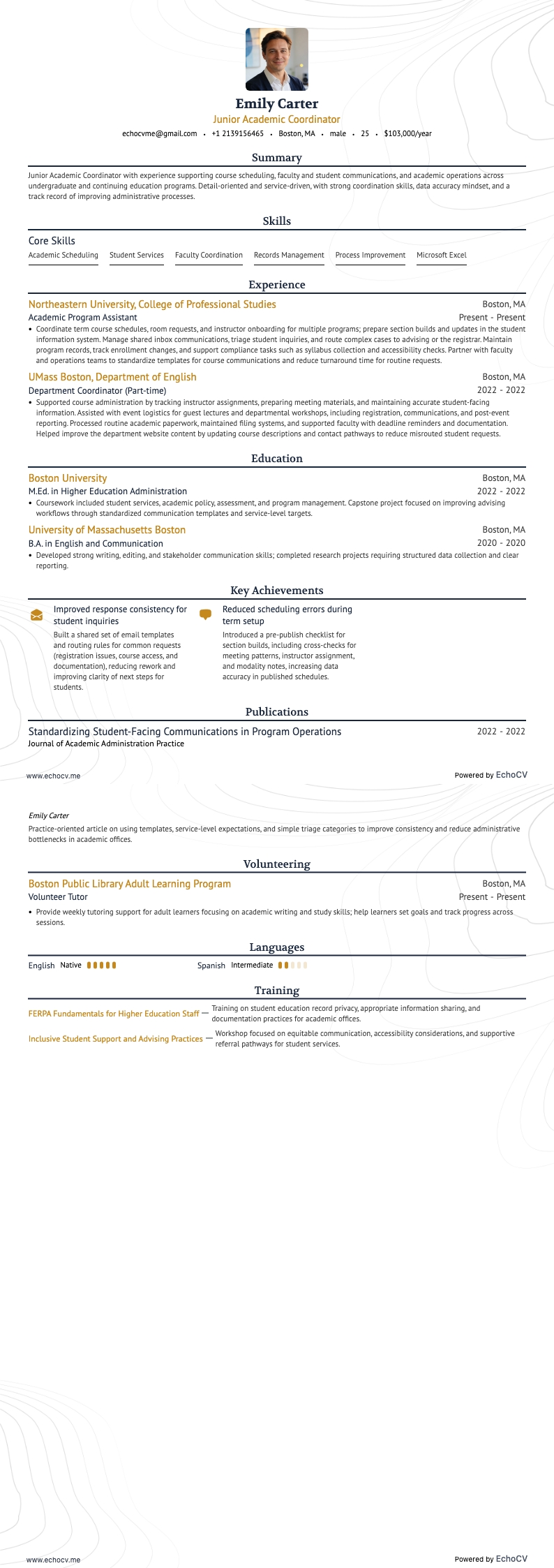 Junior Academic Coordinator example resume