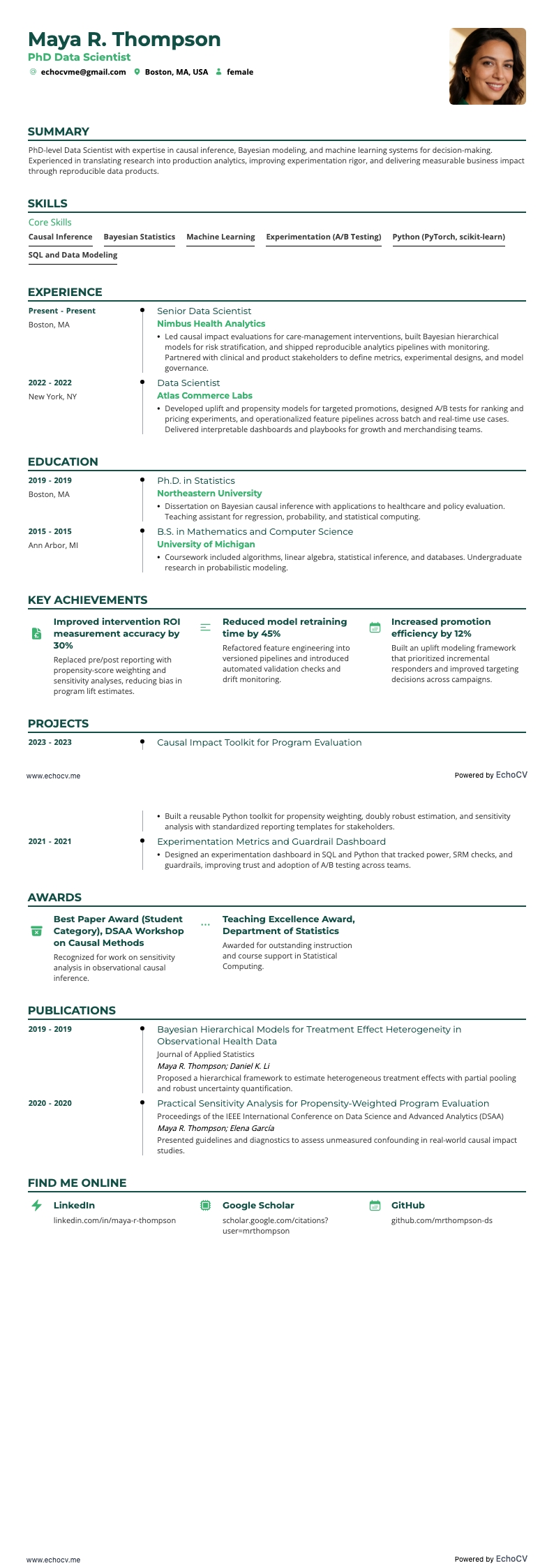 PhD Data Scientist example resume