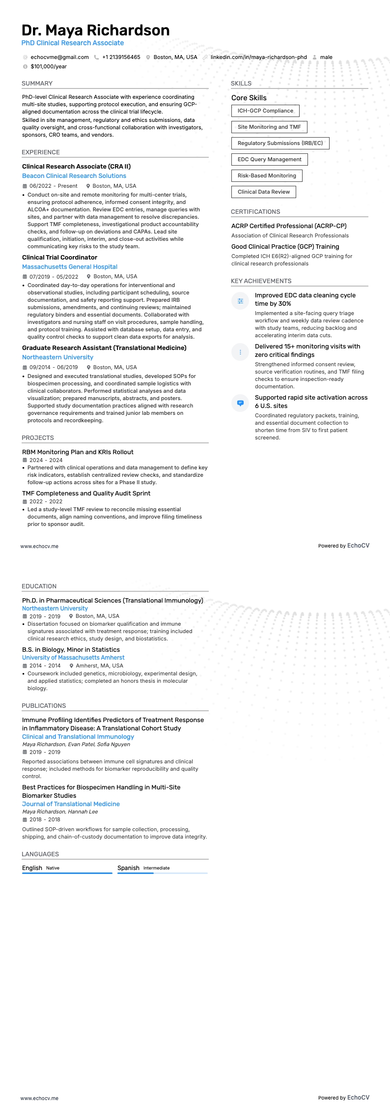PhD Clinical Research Associate example resume