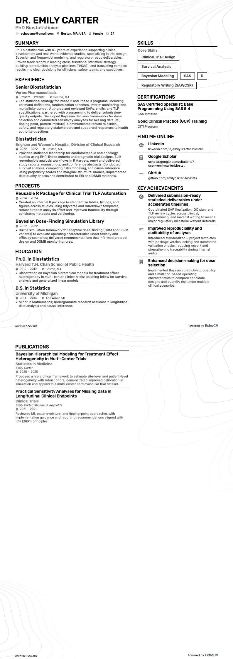 PhD Biostatistician example resume