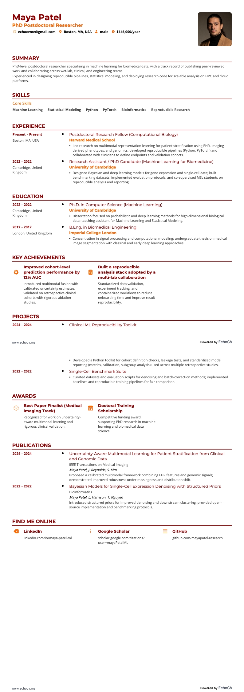 PhD Postdoctoral Researcher example resume