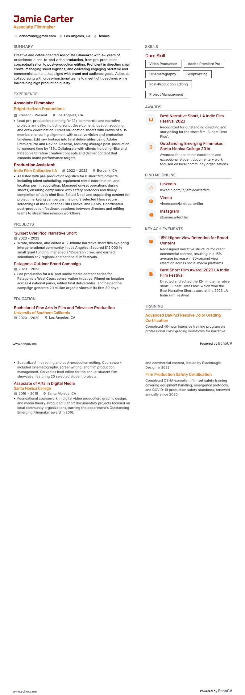 Associate Filmmaker example resume