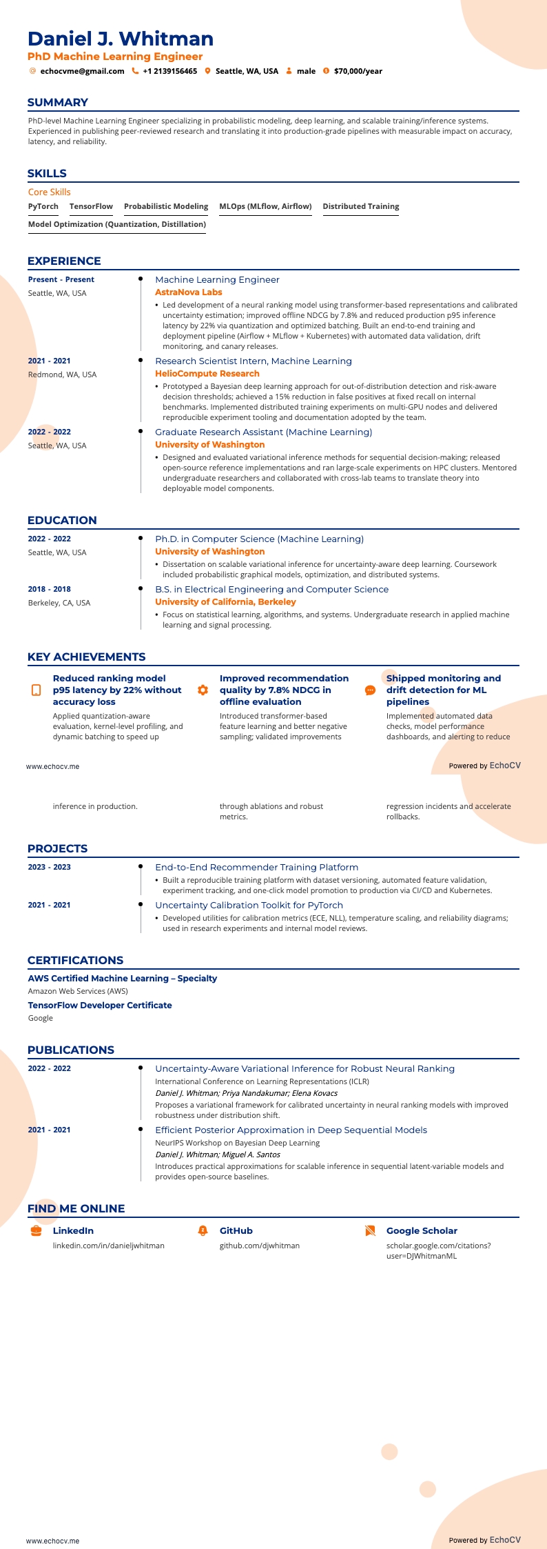 PhD Machine Learning Engineer example resume