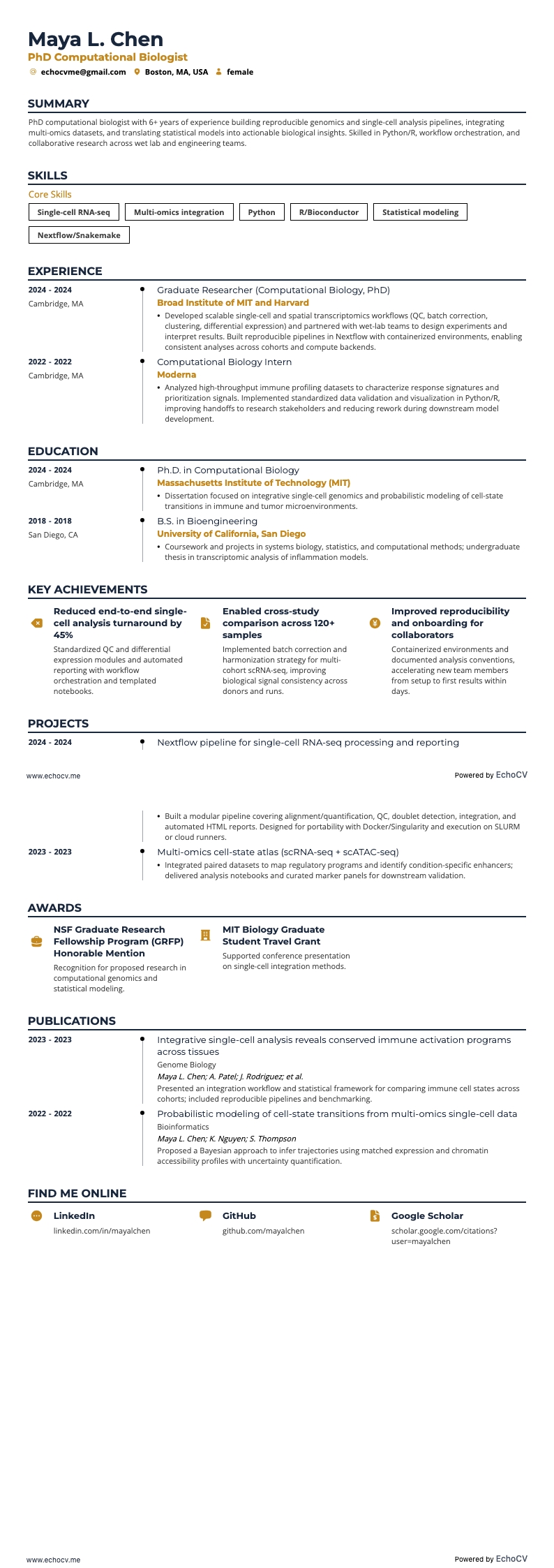 PhD Computational Biologist example resume