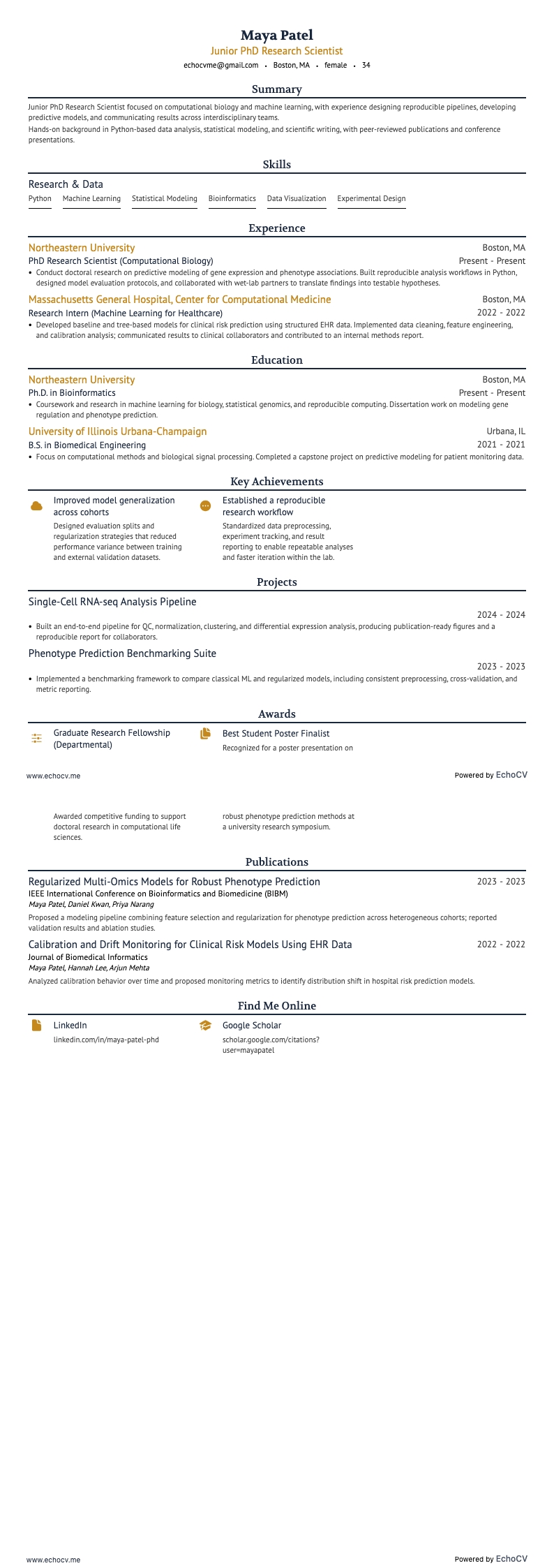 Junior PhD Research Scientist example resume