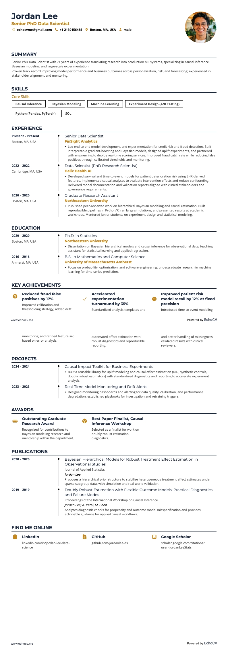 Senior PhD Data Scientist example resume