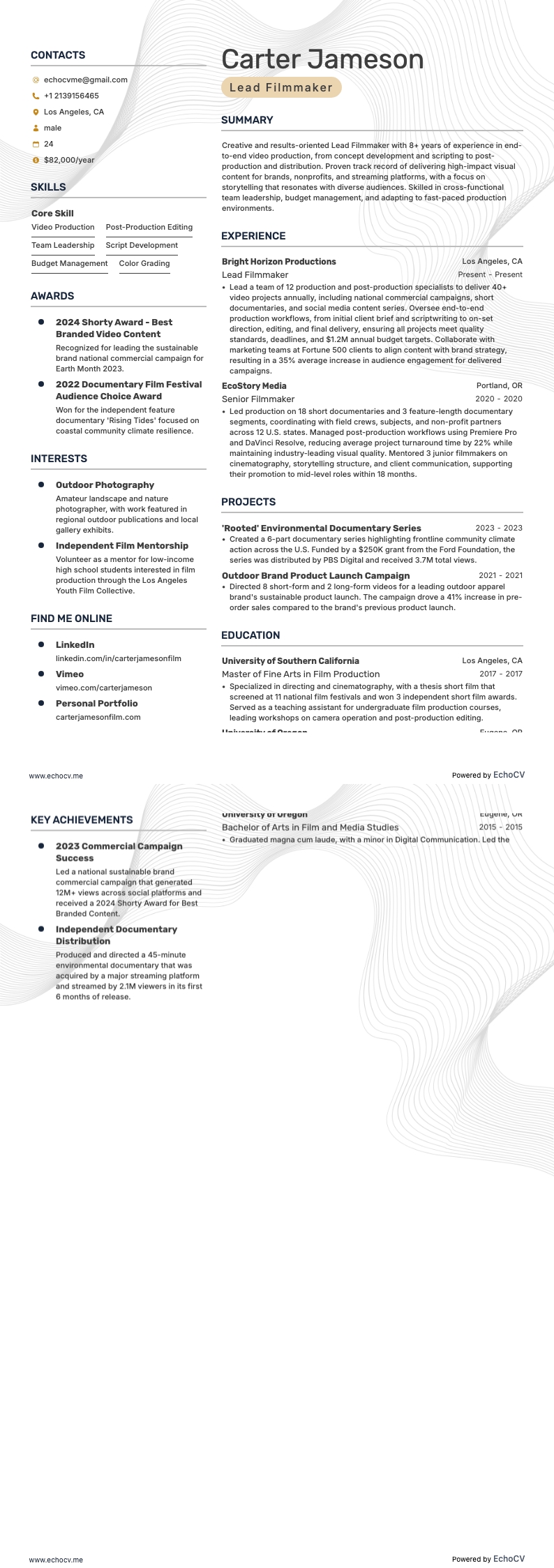 Lead Filmmaker example resume