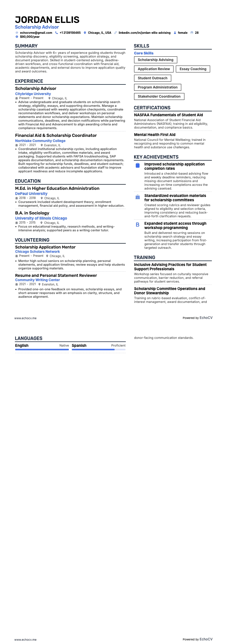 Scholarship Advisor example resume