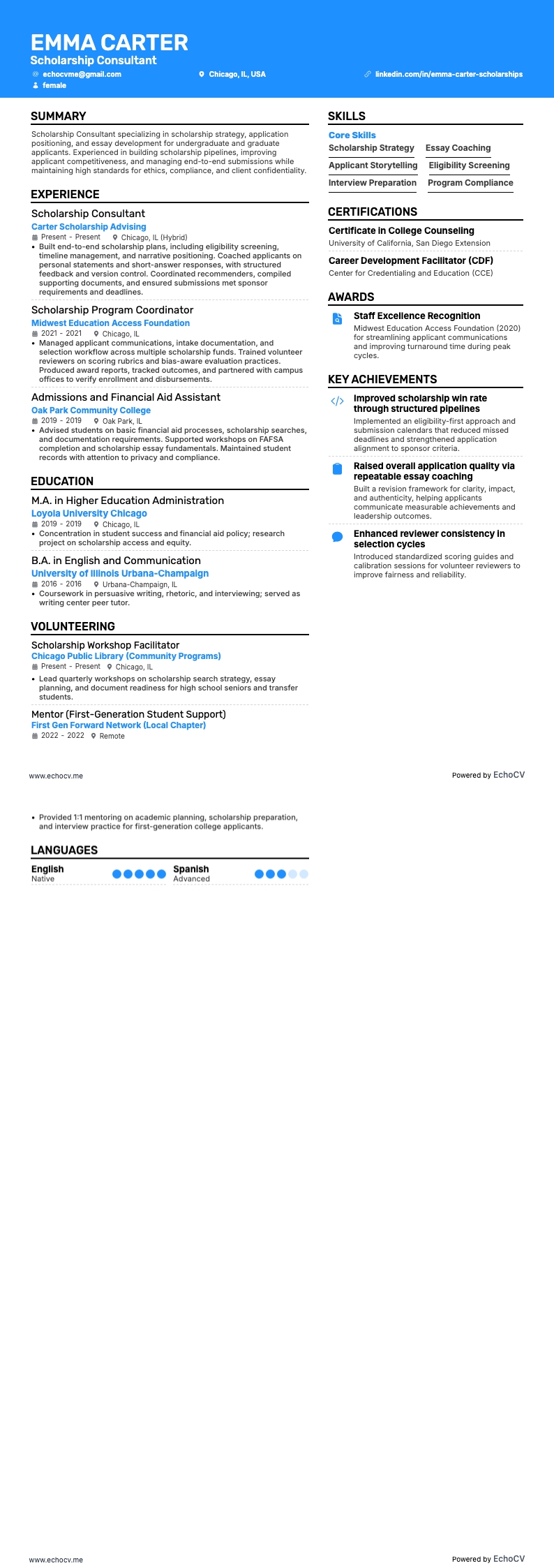 Scholarship Consultant example resume