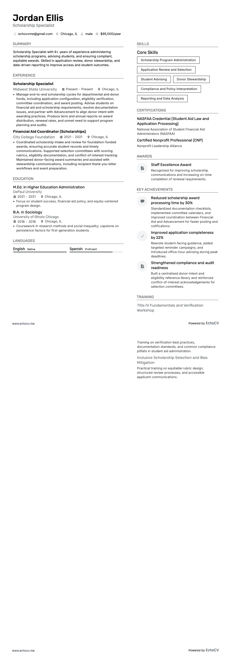 Scholarship Specialist example resume