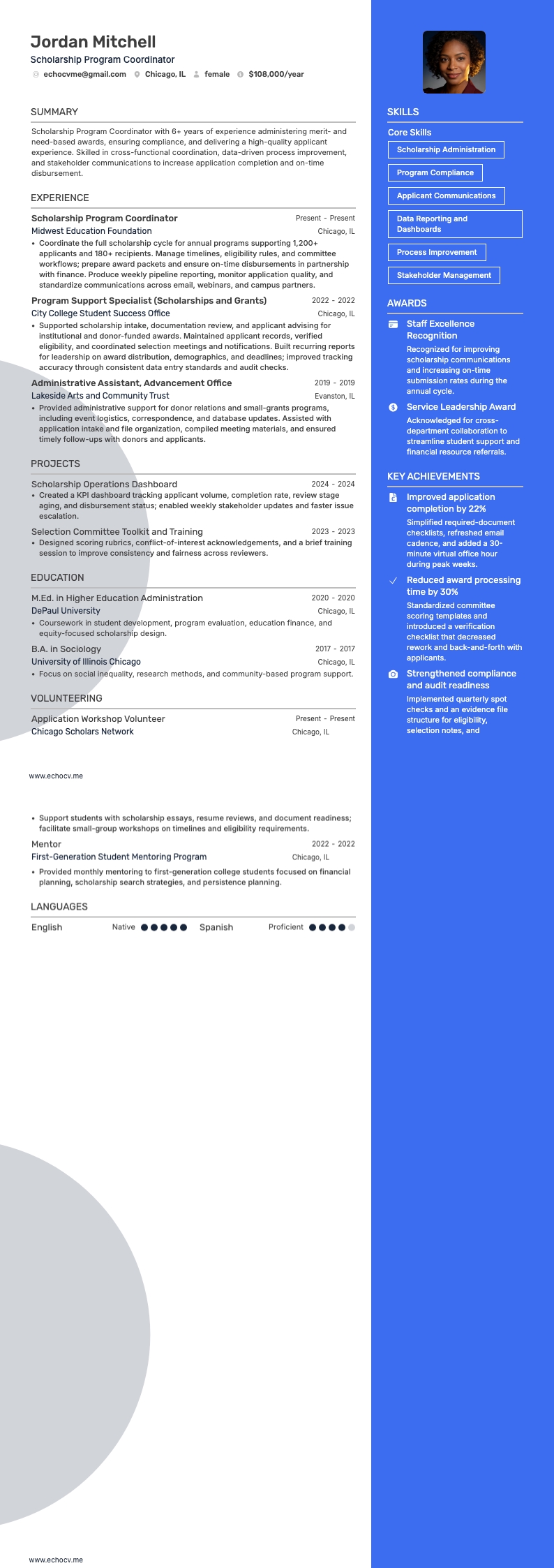 Scholarship Program Coordinator example resume