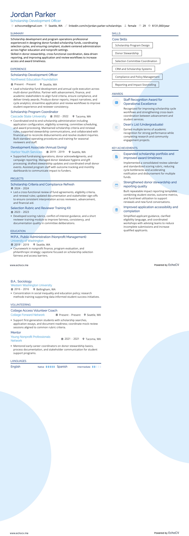 Scholarship Development Officer example resume