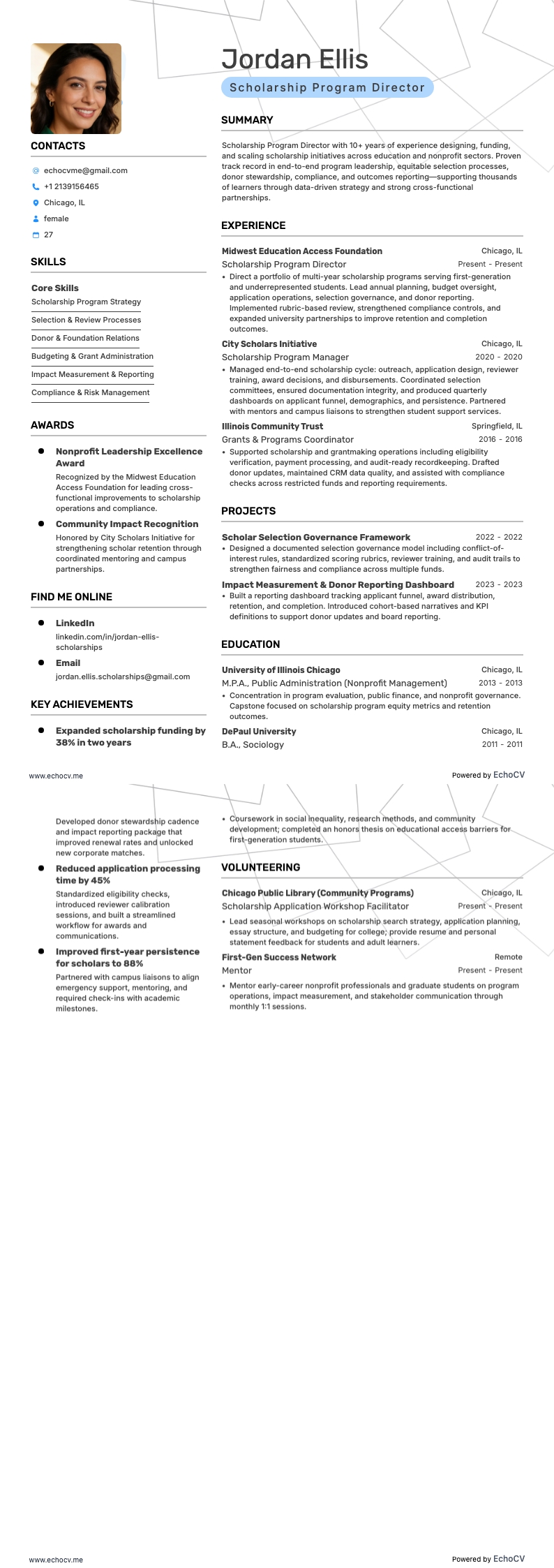 Scholarship Program Director example resume