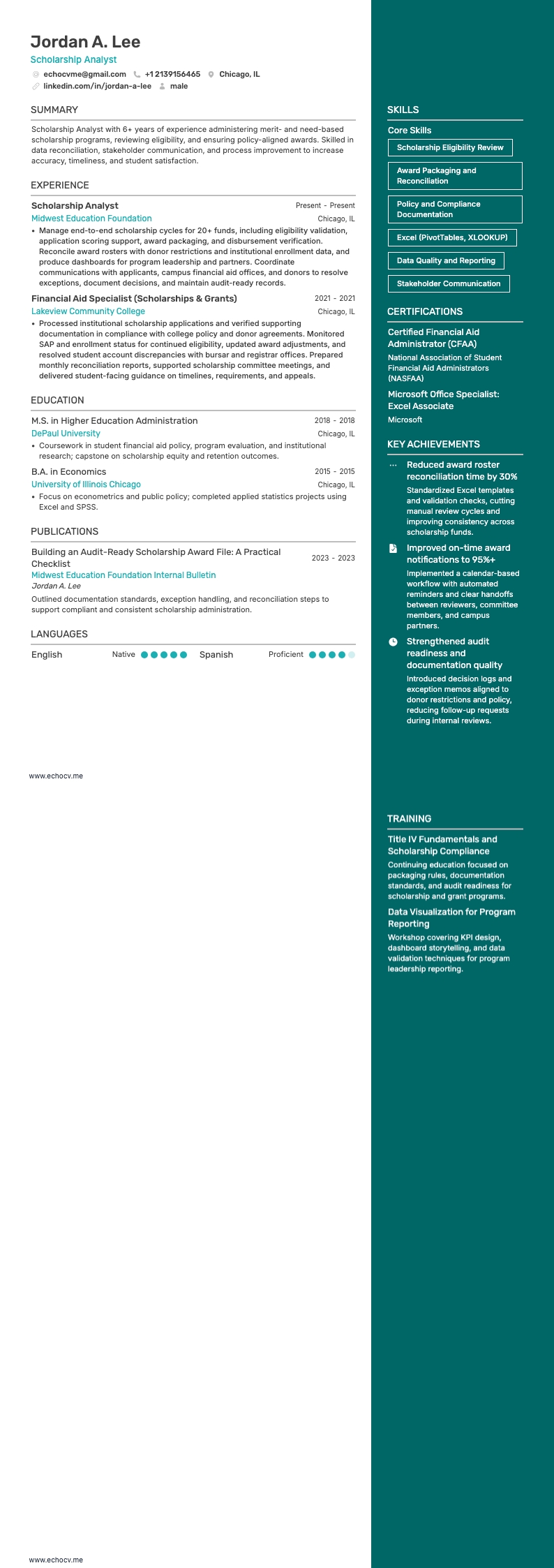 Scholarship Analyst example resume