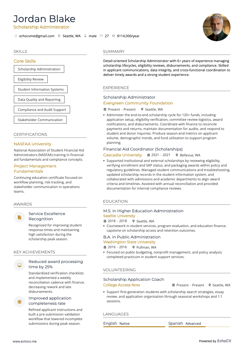 Scholarship Administrator example resume